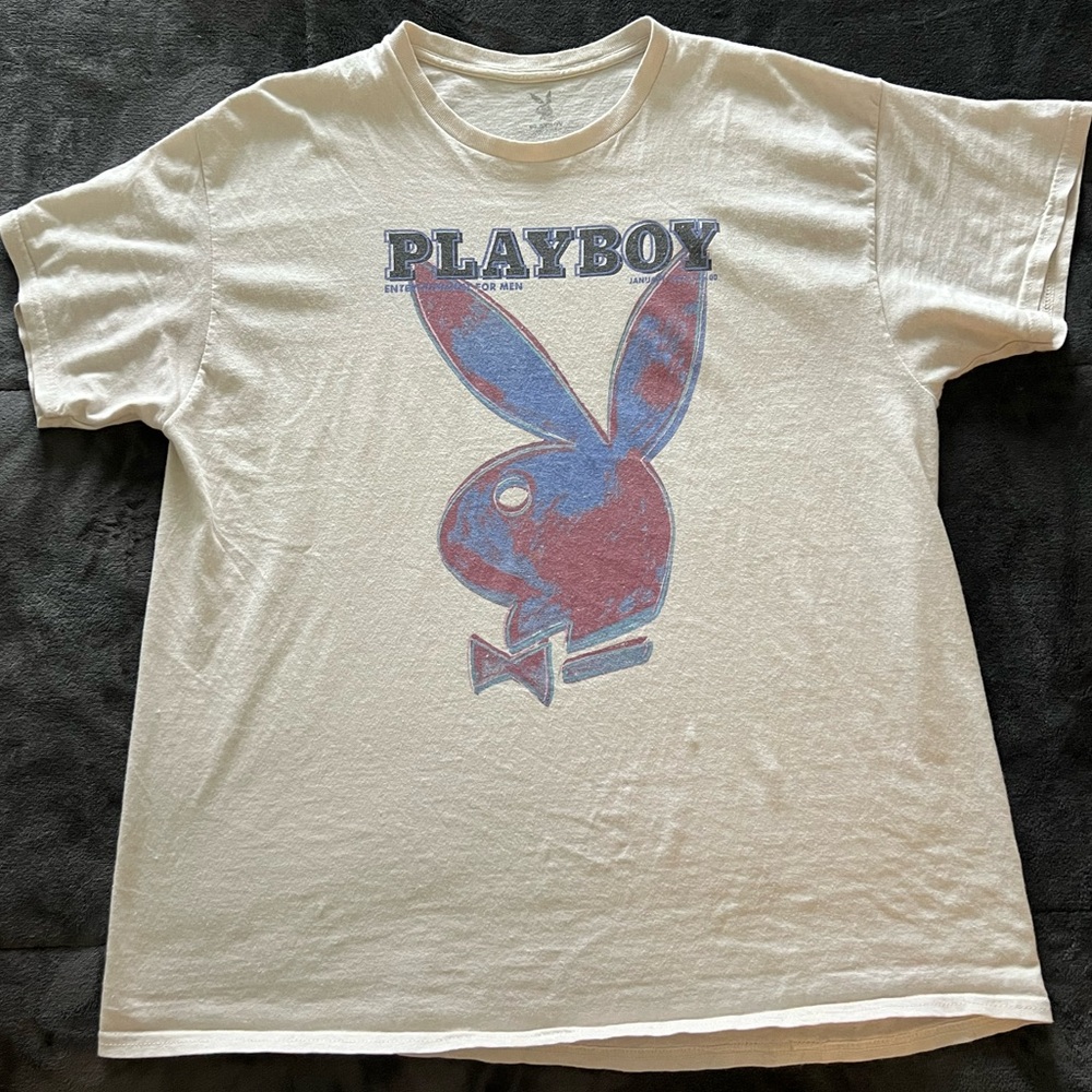 Playboy Graphic Tee XL Vintage Style Bunny Logo Cream Y2K Streetwear Shirt - Picture 2 of 7